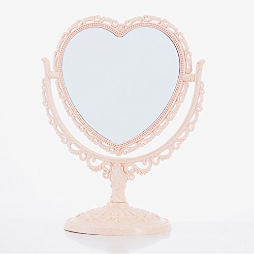 Makeup Mirror 2 Side Comestic Rotat Stand Table Plastic Dresser Heart Shape Mirrors Cosmetic Tool-Beige