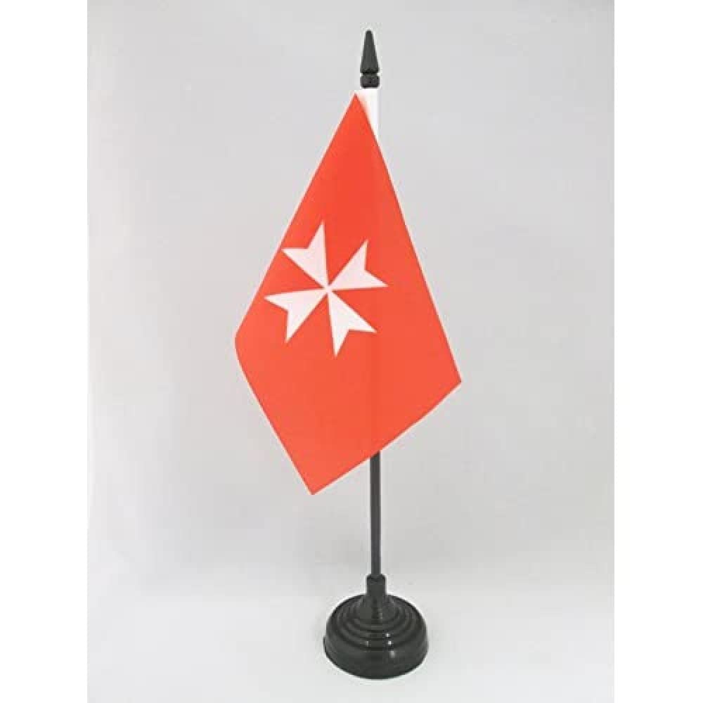 AZ FLAG - Activity Order of Malta Table Flag 4'' x 6'' - St John of Jerusalem Office Mini Banner 100% Polyester 15 x 10 cm - Mini Desk Flag with 10'' Pole and Black Plastic Base