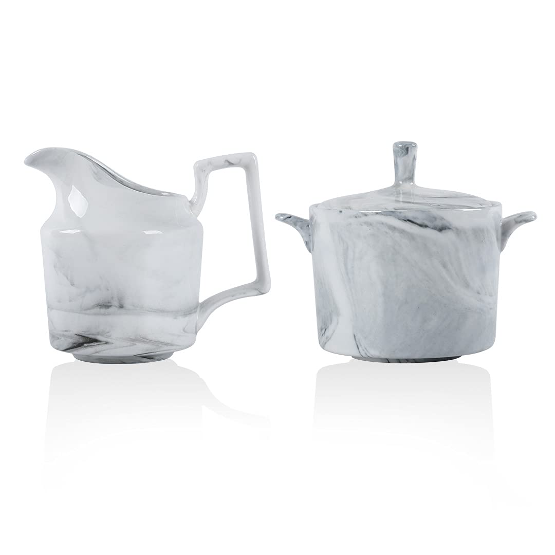 Grey Marbled Sugar and Creamer Set, CHILDIKE Porcelain Cream Pitcher, Sugar Bowl, Coffee Serving Set 8 Ounce