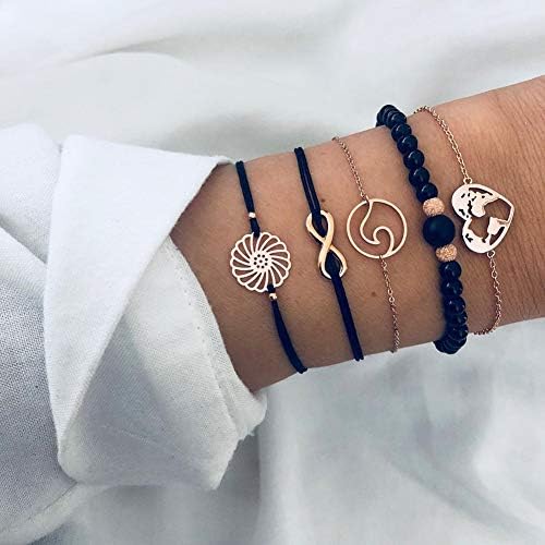 Yaoyodd19 5Pcs/Set Hollow Flower Map 8 Charm Beaded Chain Braided Rope Bracelet Jewelry - Black Bracelets for Women Men