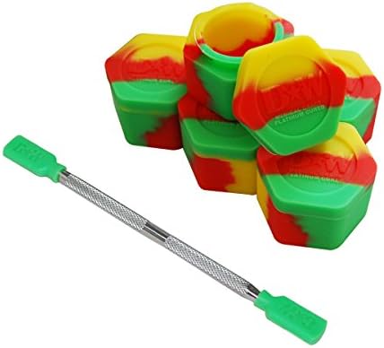 5 Rasta Honeycomb Nonstick Platinum Cured Kitchen Storage Silicone Jar Container with 4" Carving Tool Green Removable Tips