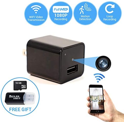 2018 Wall Charger Hidden Camera WiFi Video Transmission Loop Recording | Free App Android iOS | Free 16 GB Card SD Card Reader | Mini Camera Nanny Surveillance