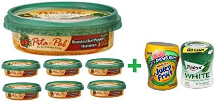 Pita Pal Roasted Red Pepper Hummus - 10 Oz( 7 PACK ) + Fruity Chews Gum Watermelon 1/60 Count + Trident Go Cup Spearmint 1/60 Count