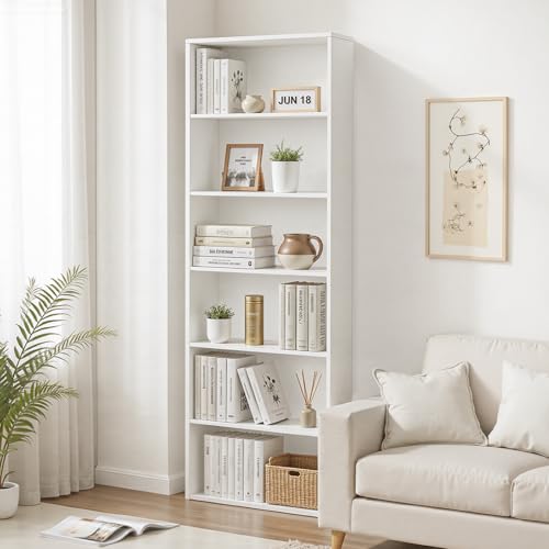 OSLIFE 200cm Librero Organizador Elevado, Mueble Organizador de Madera,6 Repisas Abiertas, Ahorra Espacio,Estantes,Repisas de Madera,Librero Minimalista para Dormitorio,Sala,Oficina,Cocina (Blanco)