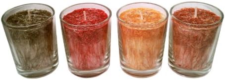 4 Vanilla Hand Poured Palm Wax Votive Candles - Red, Green, Yellow, Brown and 4 Glass Holders