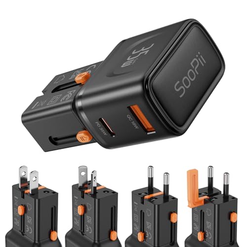 SooPii Gan USB C Charger 35W, 2 Port PD PPS QC Universal Travel Adapter, All-in-One Travel Charger with US UK EU AU Plug Adapter for for Galaxy S25/S24/Note 20, iPhone 16/15/14, iPad, Pixel and More