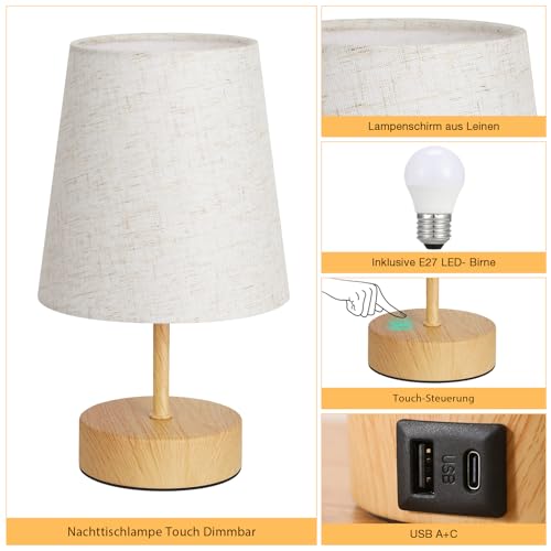 PreeOtti Bedside Lamp Touch Dimmable Table Lamp with USB A+C Charging Function | Lampshade in linen colour, small lamp for bedside table, living room, bedroom, children's room, office, bulb included