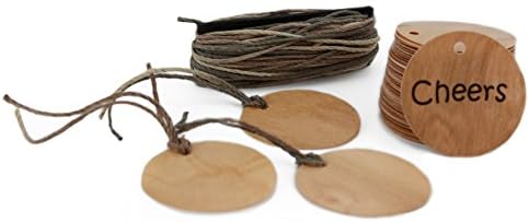 CHERRY Wood Gift Tags Round Shape 50 count with 30 Feet of Free Cut MultiColor Cord, Blank Hang Tags for Craft Projects, Xmas Gifts. Dry Erase &amp; Permanent Marker Erasable.