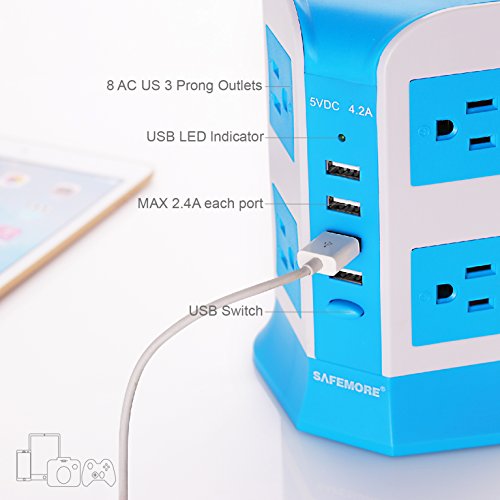 USB Power Strip Surge Protector Multi Electrical Outlet 8 Outlet 4 USB Port with 6.5 Feet Long Cord 2100 Joules Surge Suppressor Protection Vertical Socket for Home and Office-Safemore(White + Blue) - Thumbnail 2