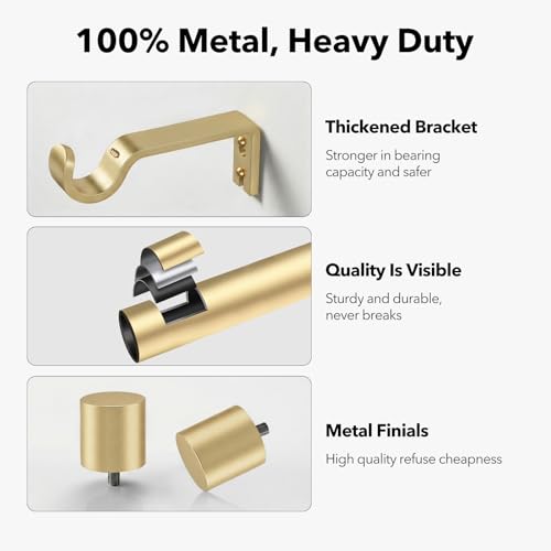 IFELS Heavy Duty Curtain Rods for Windows 66 to 120 Inch, 1 Inch Gold Curtain Rod Adjustable, Decorative Long Curtains Rods with Metal Finials, Easy Installation and Modern Design (A2,Gold,30"-120")