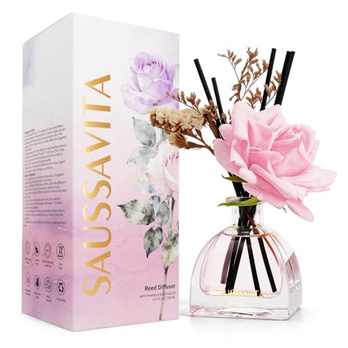 Reed Diffusers Set, Rose Air Freshener, 8.5 oz / 250 ml Scented Diffuser with 10 Sticks, 140 Days Long Lasting Home Fragrance for Bathroom Bedroom Living Room Shelf Decor