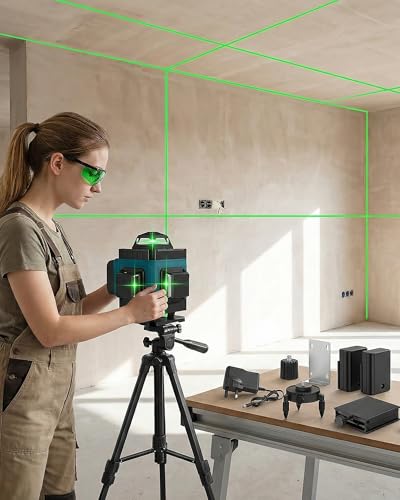 Laser Level, Self Leveling Laser Level 4D 16 Line 360° Green, Tripod & Wall Mount, Remote, Lift Platform, 2×2400mAh, IP54, ±0.2mm/10m