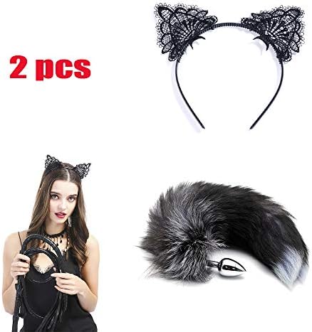 MDZI Stainless B~UTT Massaging Wand Plug Anale - Beginner Starter Set - 100% Medical Grade Stainless Steel –Hypoallergenic Fox Tail Headband Headwear 2 PCS for Prom Party Costume Cosplay Kit BLACK&SF