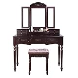 HOMECHO Vanity Table Set Makeup Dressing Desk with Tri-Folding Mirror Cushioned Stool Drawers Storage Organizer Dark Brown, HMC-MD-010