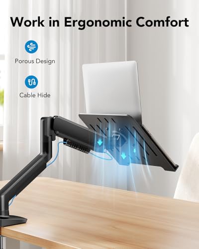 HUANUO 2 in 1 Function Laptop Mount with Tray, Fits 13"-34″ Monitors & Up to 17″ Notebook, Ergonomic Laptop Arm with Full Motion Adjustment, Pre-assembled for Easy Setup, VESA 75x75mm/100x100mm