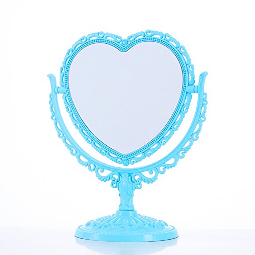Makeup Mirror 2 Side Comestic Rotat Stand Table Plastic Dresser Heart Shape Mirrors Cosmetic Tool-Blue