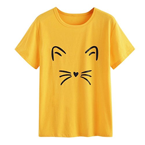 Womens Short Sleeve Tops,YKA,Womens Tops,Girl Cat Print Casual Sexy Blouse Shirt T-Shirt For Ladies
