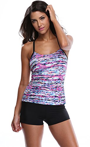 Charmleaks Womens Solid Geo Printed Tankini Two Piece Tankini Top Swimwear Set