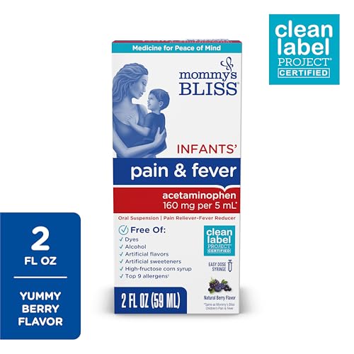 MOMMY’S BLISS INFANTS’ PAIN AND FEVER REDUCER, BABY ACETAMINOPHEN, DYE FREE, DELICIOUS MIXED BERRY FLAVOR, AGES 2+, 2 FLUID OUNCES