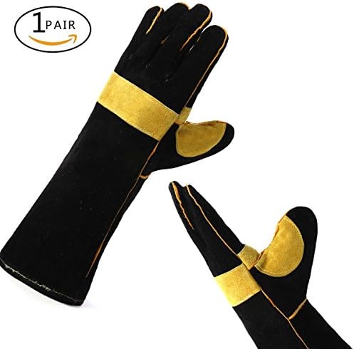 Welding Gloves Double Layered Heat Resistant Lined Leather with Velvet, Black - 16 Inch for Mig, Tig Welders, BBQ, Gardening, Camping, Stove, Fireplace