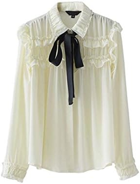 Elegantops Women Sweet Ruffled Chiffon Shirts Bow Tie Neck Transparent Pleated Long Sleeve