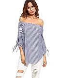 SheIn Women's Striped Off The Shoulder Tie Cuff Blouse - Navy Large