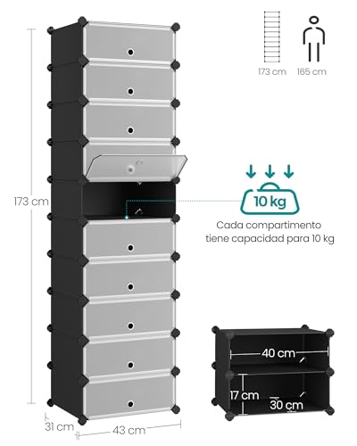 SONGMICS Zapatero Modular con 10 Compartimentos, Estantería Modular de Plástico, Bricolaje, con Puerta, con Martillo, Negro MLPC10H