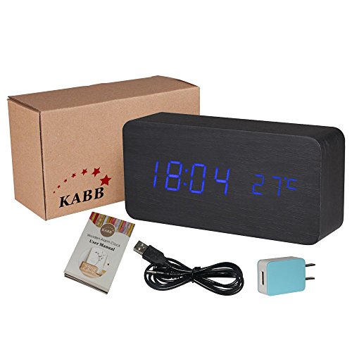 KABB Digital Clock, Wooden Alarm Clock, LED Desk Shelf Clock with Triple Alarms Calender Temperature Display and Voice Control Travel Clock for Office Home Decor (6 Inches)