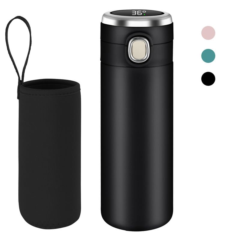 Flintronic 450ML Travel Mug Reusable Coffee Cup with Leakproof Lid Insulated Coffee Mug for Hot & Cold Drinks, BPA-Free LED Temperature Display Vacuum Stainless Steel Travel Mug (Black)