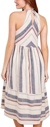 Summer Midi Dress for Women Neck Striped Casual with Pockets