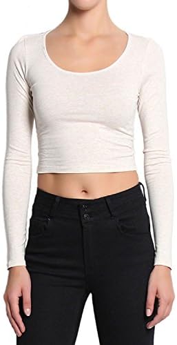 Scoop Neck Long Sleeve Fitted Crop Top Basic Stretch Cotton Cropped Tee