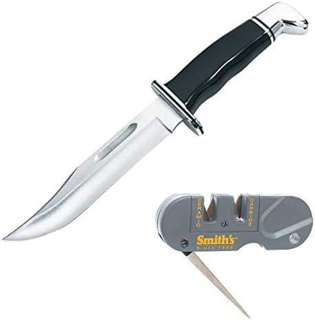 Save set Buck Knives 0119 Special Fixed Blade Knife with Leather Sheath + Smith's PP1 Pocket Pal Multifunction Sharpener, Grey