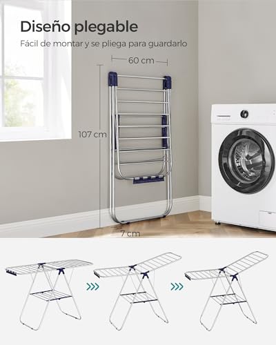SONGMICS Tendedero de Ropa Plegable,Alas Ajustables, 33 Barras y 27 Pinzas, Perchero Metálico para Ropa Sucia, Plata y Azul MLLR52BU