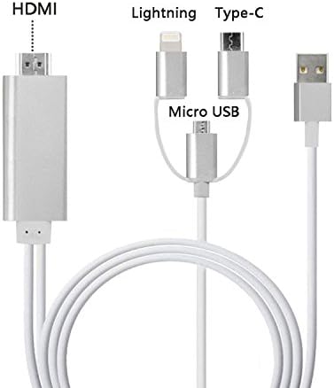 Lighting/ Type-C/ Micro USB to HDMI Cable, Mirroring Cellphone Screen to TV/Projector/Monitor Adapter Cable with 1080P Resolution for IOS and Android devices (Luxury silver)