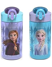 Zak Designs Disney Frozen 2 Kids Water Bottle Set with Reusable Straws and Built in Carrying Loops, Made of Plastic, Leak-Proof Water Bottle Designs (Elsa & Anna, 16 oz, BPA-Free, 2pc Set)