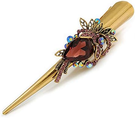 Long Vintage Inspired Gold Tone Plum Purple/Ab Crystal Floral Hair Beak Clip/Concord/Crocodile Clip - 13.5cm L - Image 5