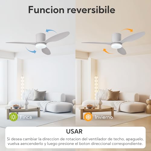 Ventilador de Techo con Luz y Mando a Distancia, 106cm, Motor DC Silencioso de Bajo Consumo, 3 Aspas de ABS Blanco (Anticorrosión), LED Regulable 3 Tonos, Temporizador, para Dormitorio y Salón
