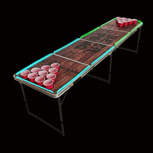 LED Lights Beer Pong Table with Holes for Cups 8' Aluminum Portable Adjustable Folding Indoor Outdoor Tailgate Drinking Party Game Squad Wood Print 08