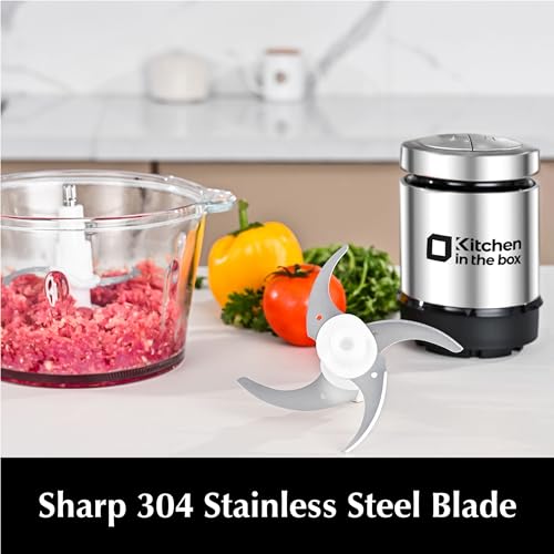 Kitchen in the box 2L+2L Electric Food Processors & Chopper with 304 Stainless Steel Container and Glass Container, 2 Speed Settings, 4 Stainless Steel Blades for Chopping Meat, Baby Food, Vegetable