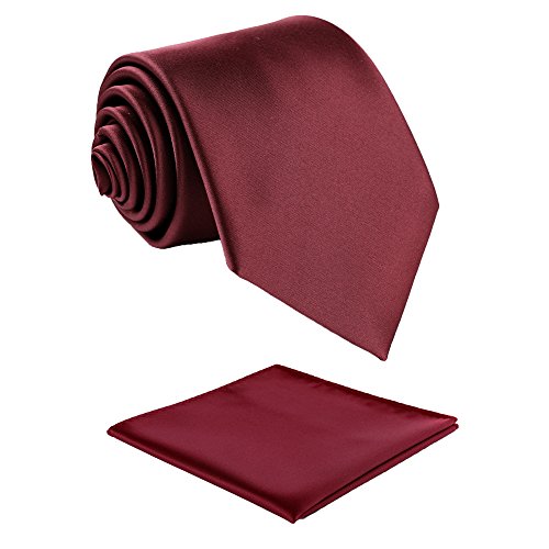 Fortunatever Classical Men's Solid Necktie With Gift Box+Pocket Square (Burgundy Red)