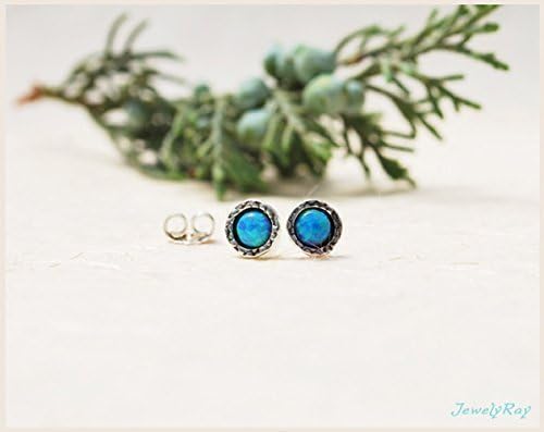 Small Round Handmade Stud Earrings, Everyday Stud Earrings, Blue Opal Stud Earrings, Sterling Silver Stud Earrings