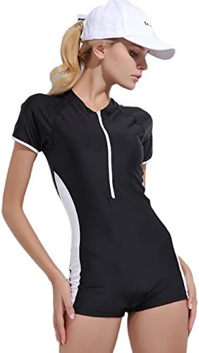 Labelar Rash Guard Women Zip Front Short Sleeve One Piece Surfing Swim Suit Boyleg Swimwear Sun Protection