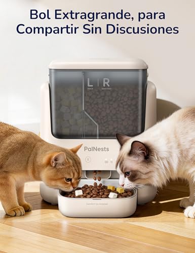 PalNests Comedero Gato Automatico, 5L Doble Tolva Dispensador Comida Gatos/Perros, 2.4G/5G WiFi, App Control, 10 Comidas por Día, Liofilizados Compatibles, Control de Porciones, Cuenco de Acero INOX