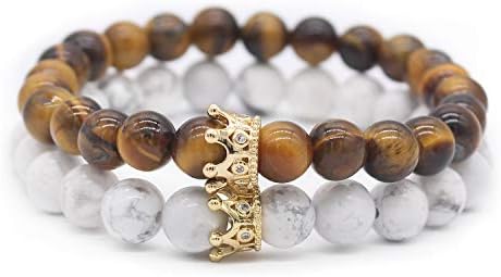 8mm Natural Stone CZ Micro Pave Crown King Queen Beads His and Hers Couple Bracelet, 7.5"