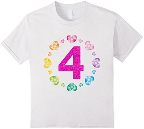 unisex-child 4th Birthday T-Shirt For Girls Shiny Hearts Princess Four 4 White
