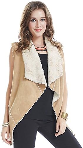Annly Women Sleeveless Casual Basic Sherpa Vest Suede Coat M TAN