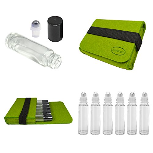 Refillable 10ML Rollon Bottle with Stainless Steel Roller Ball Set Include 6 Piece Stainless Steel Roller Ball Bottle Portbale Case and a Metal Oil Key Tool (10ML, Transparent)