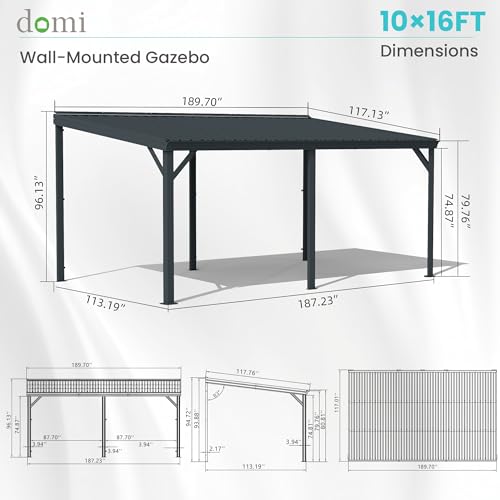 Domi 10'x 16' Lean to Gazebo,Outdoor Gazebo Pergola with Sloped Roof, Grey image 24