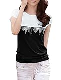 Allegra K Women Rhinestone Decor Front Scoop Neck Short Sleeve Shirt