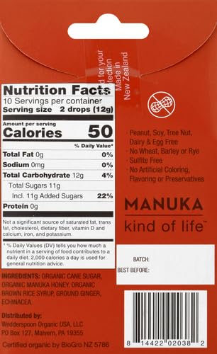 WEDDERSPOON ORGANIC MANUKA HONEY DROPS, GINGER & ECHINACEA, 20 COUNT (PACK OF 1) | GENUINE NEW ZEALAND HONEY | PERFECT REMEDY FOR DRY THROATS